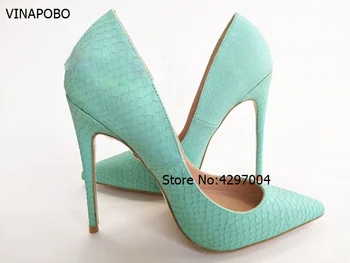 

2018 Brand Design Women Fashion Pointed Toe Green Snake Leather Stiletto Heel Pumps Slip-on Thin High Heels Dress wedding Shoes