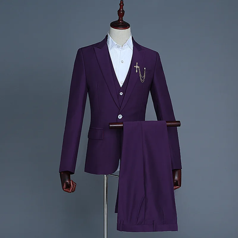 Деловые костюмы для мужчин, длинный рукав, платье для мужчин, s, Повседневный, выпускной, однотонный костюм, приталенный, розовый, дизайнерская одежда, комплект из трех предметов, пальто, брюки - Цвет: Purple