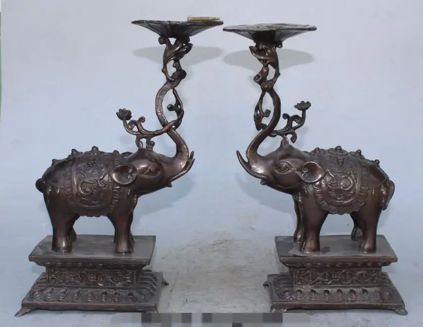 

S02200 12" Chinese FengShui Bronze Heffalump Elephant Holder Candlestick Statue Pair (B0413)