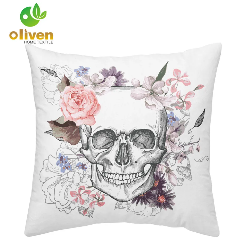 

Pink Rose Sugar Skull Cushion Cover White Black Living Room Decorative Pillow Case Halloween Throw Pillows Cover Sofa Seat D15