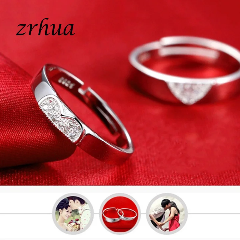 ZRHUA Elegant Men Women Personalized 925 Sterling Silver Heart Rings Fashion Chic Couple Anillos for Wedding Party Engagment