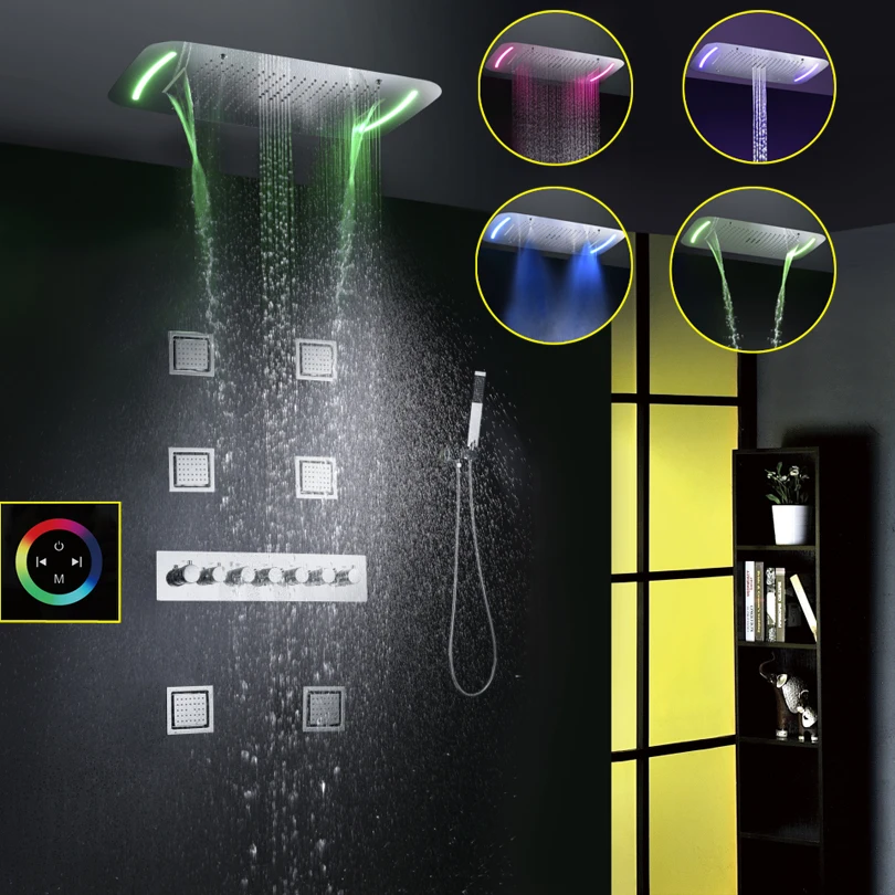 

Thermostatic Shower Faucet Set Modern Luxury European Style Large Touch Panel LED Shower Head Waterfall Rainfall Bathroom Shower