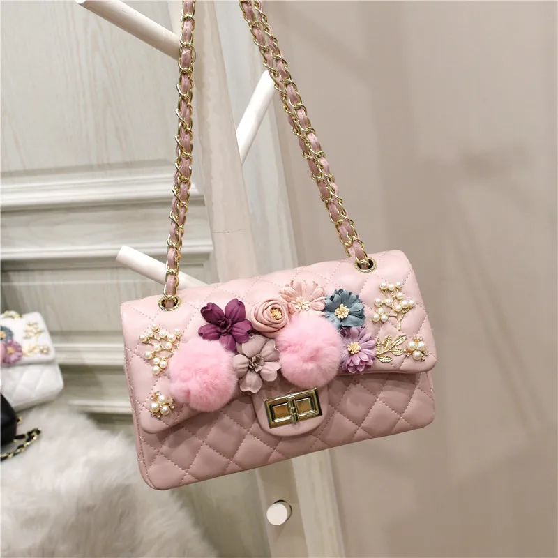 

2018 spring new wave female diamond rabbit fur ball handmade flower drill shoulder messenger bag
