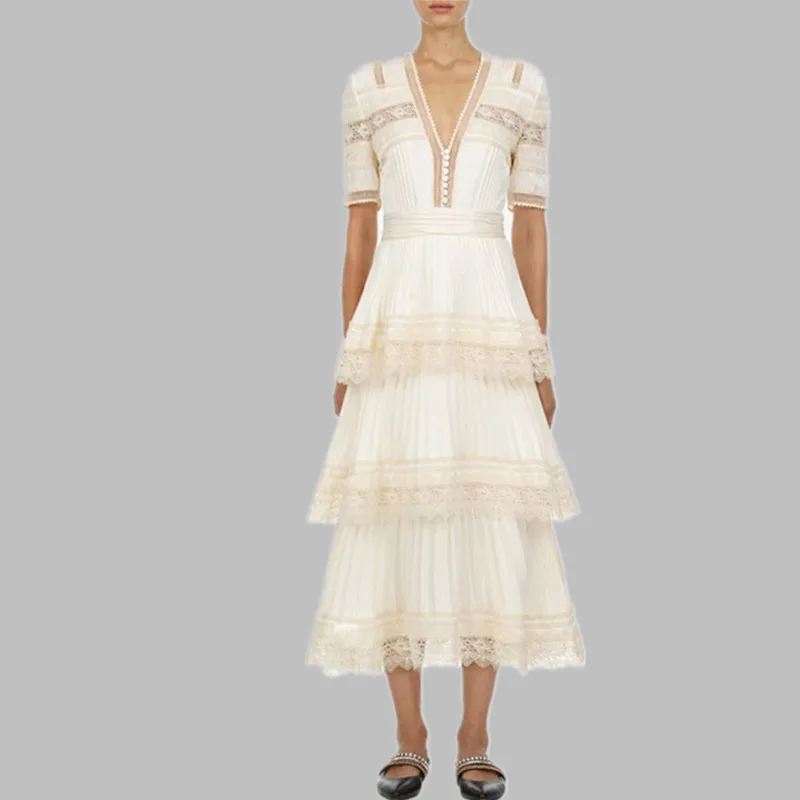 

HAMALIEL Summer Self Portrait Runway Pleated Dress Women Chiffon Patchwork Lace Cascading Ruffles Long Dress Slim Cake Dresses