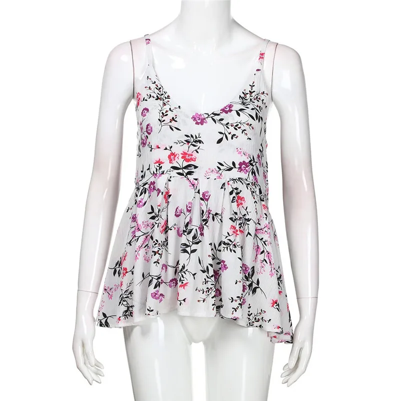 Fashion womens tops and blouses summer 2018 Sexy Printed Frill Hem Cami Top V Neck Tank Vest Blouse camicette Y16#N  (11)