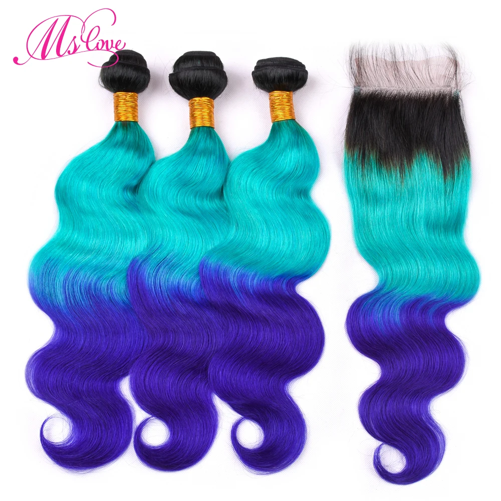 

Ms Love Pre Colored Hair Body Wave Bundles With Lace Closure TB Green Blue Ombre Color Remy Brazilian Human Hair Weave