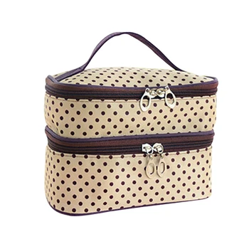 

Womens Fashion Dot Pattern Double Layer Makeup Bag(Beige)