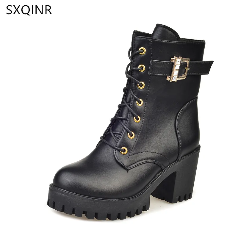 

2018 Autumn Fashion Women Boots High Heels Platform Buckle Lace Up Leather Short Booties Black Ladies Shoes Motorcycle boots