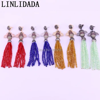 

New Fashion 4Pair Micro Pave CZ Linlidada & Glass Crystal Beads Tassel Earrings Women Gifts Jewelry
