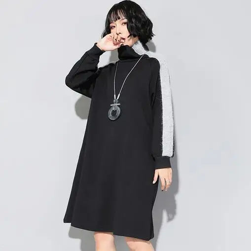

Patchwork Rabbit Fur Women's Dresses Turtleneck Long Sleeve Oversized Knee Length Dress Female 2019 DC580