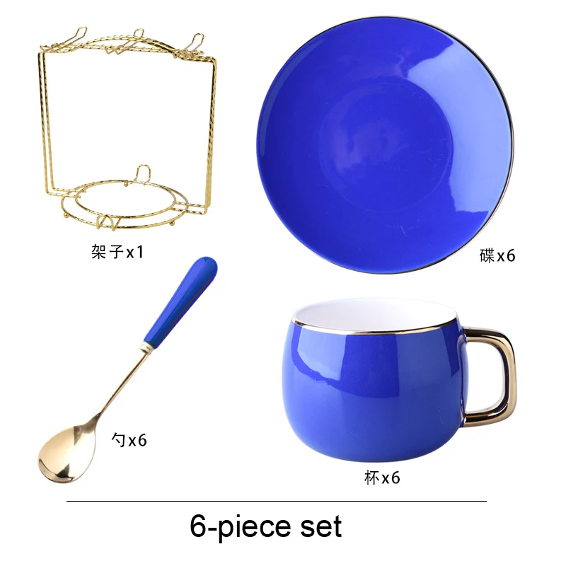 Европейская кофейная чашка, креативный фарфор с золотистой отделкой, набор кофейных чашек, английские послеобеденные чайные чашки и блюдца, Набор кружек, домашние вечерние подарки - Цвет: 6-piece set Blue