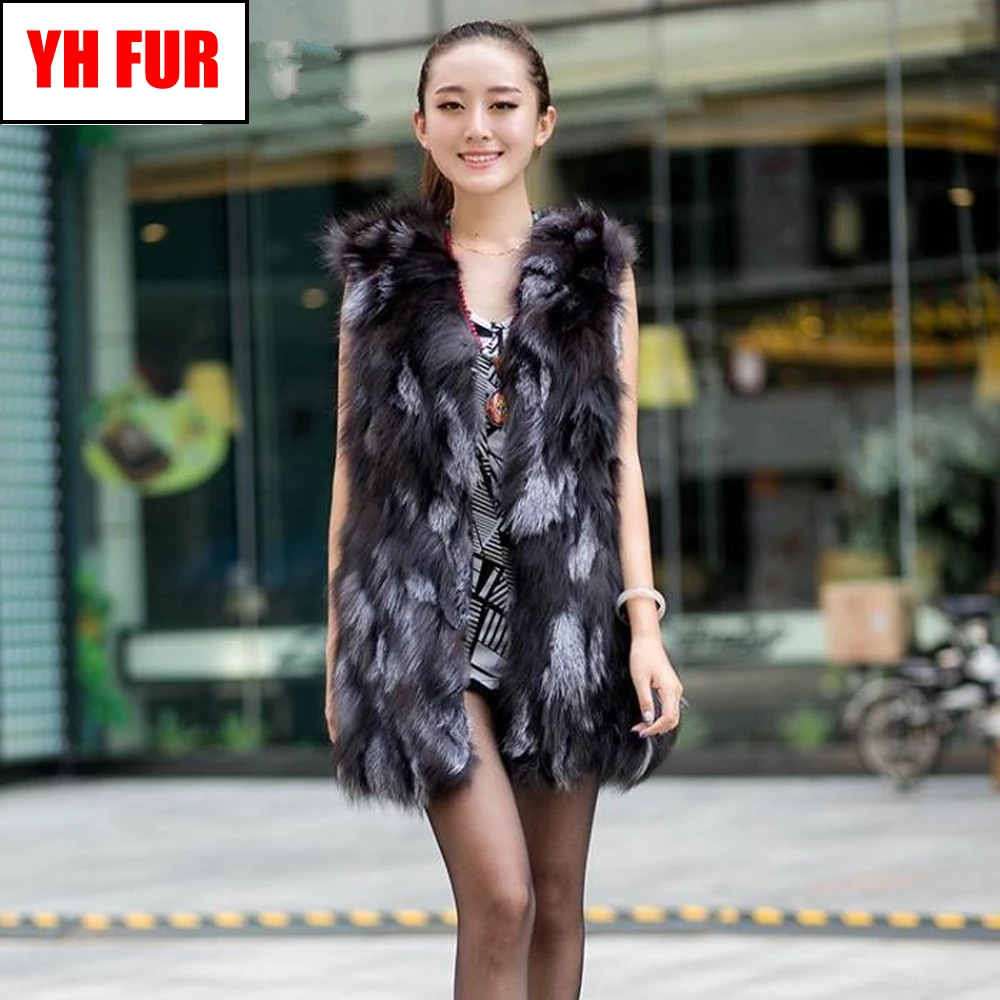 

2019 Hot Autumn Winter Women Real Sliver Fox Fur Vest Long Style Warm Genuine Real Sliver Fox Fur Gilet Sliver Fox Fur Waistcoat