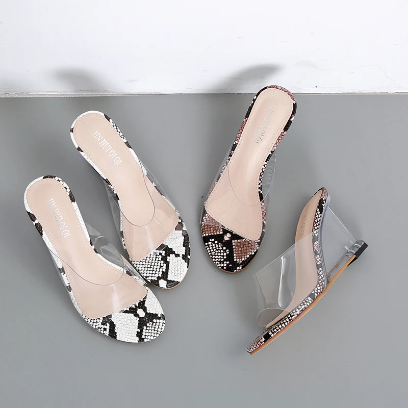 

Woman Clear Wedges Mules Snake Print Slippers Luxury Sandals Transparent Slides Crystal High Heel Shoe 2019 Summer Zapatos Mujer