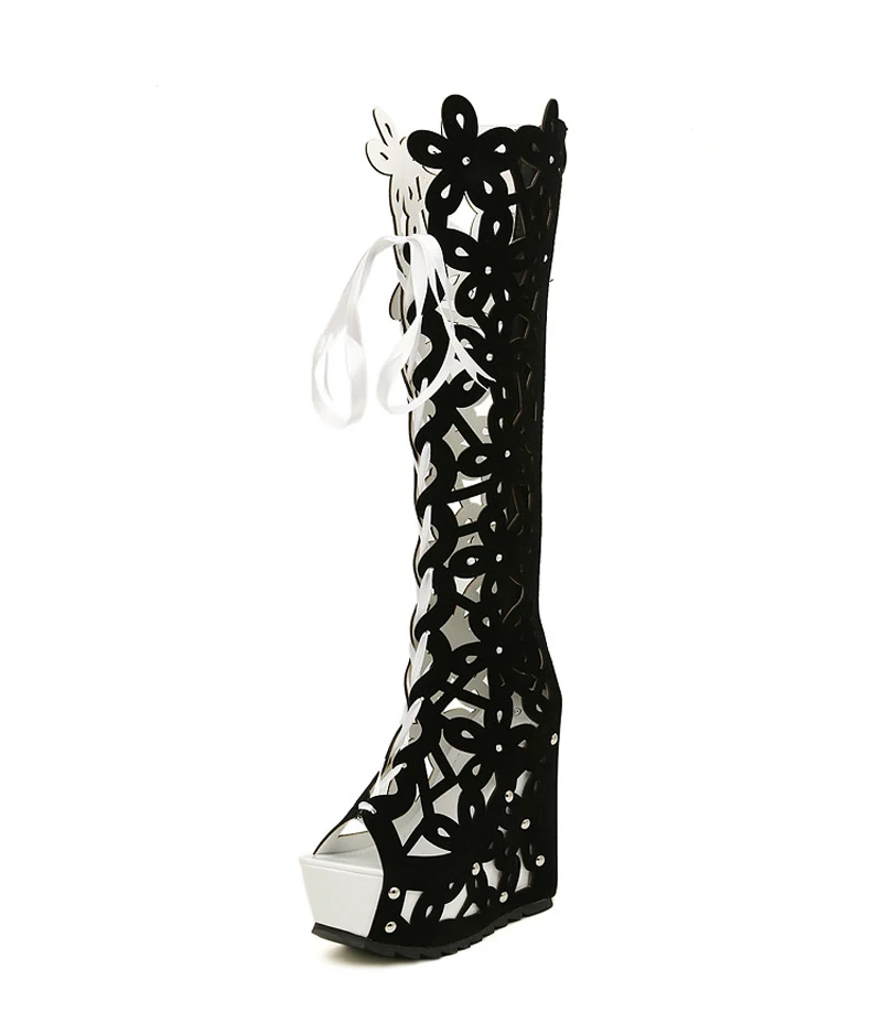 GENSHUO/Женская обувь на танкетке и высоком каблуке; пикантные женские римские сандалии с вырезами; обувь в гладиаторском стиле; пикантная обувь с открытым носком; женская обувь на платформе черного цвета