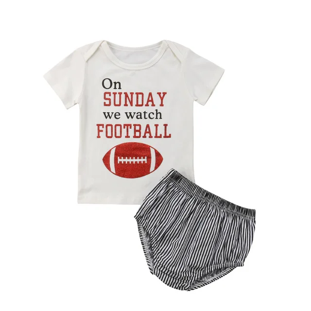 

2Pcs Baby Girl Boy Toddler Football Cute Summer Top+Stripe Short Outfits Clothes Set