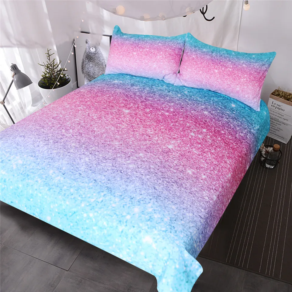 BlessLiving Colorful Glitter Bedding Set Girly Turquoise Blue Pink