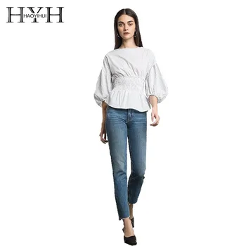 

HYH Haoyihui Teenage Girl Brief Sweet Style 2019 New Comming Women Tops Waist Contrast Color Three Qyarter Lantern Sleeve shirt