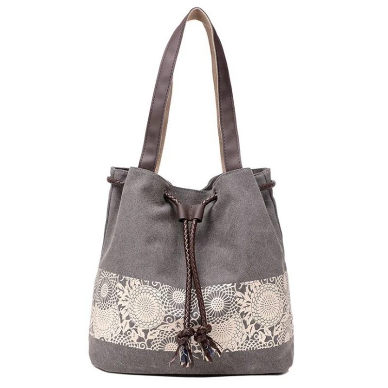 

2018 Women Fashion Shopping Handbag National Canvas Bucket Shoulder Bag Flower Print Bags Large Capacity Drawstring Casual Totes