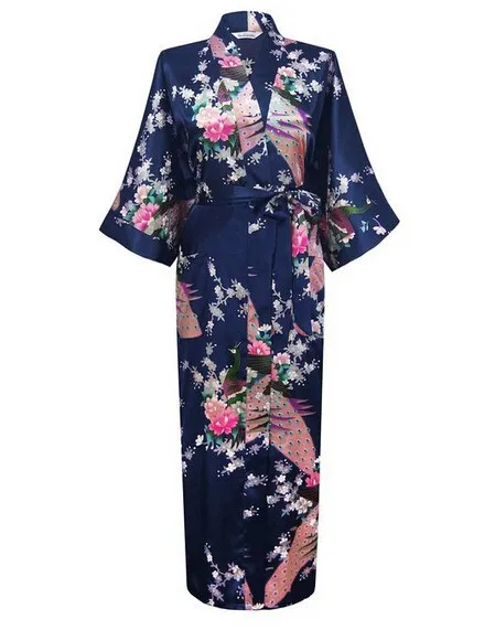 Белый Новые Для женщин удлинить халат-кимоно свадебное платье Ночная рубашка пижамы шелковой атласной плюс Размеры S-XXXL WR0012015 - Цвет: navyblue