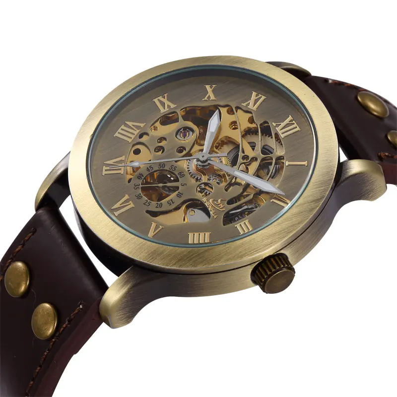 

Luxury Bronze Skeleton Steampunk Roman Number Dial Self-Wind Mechanical Wirst Watch With Bronze Genuine Leather Strap Gift