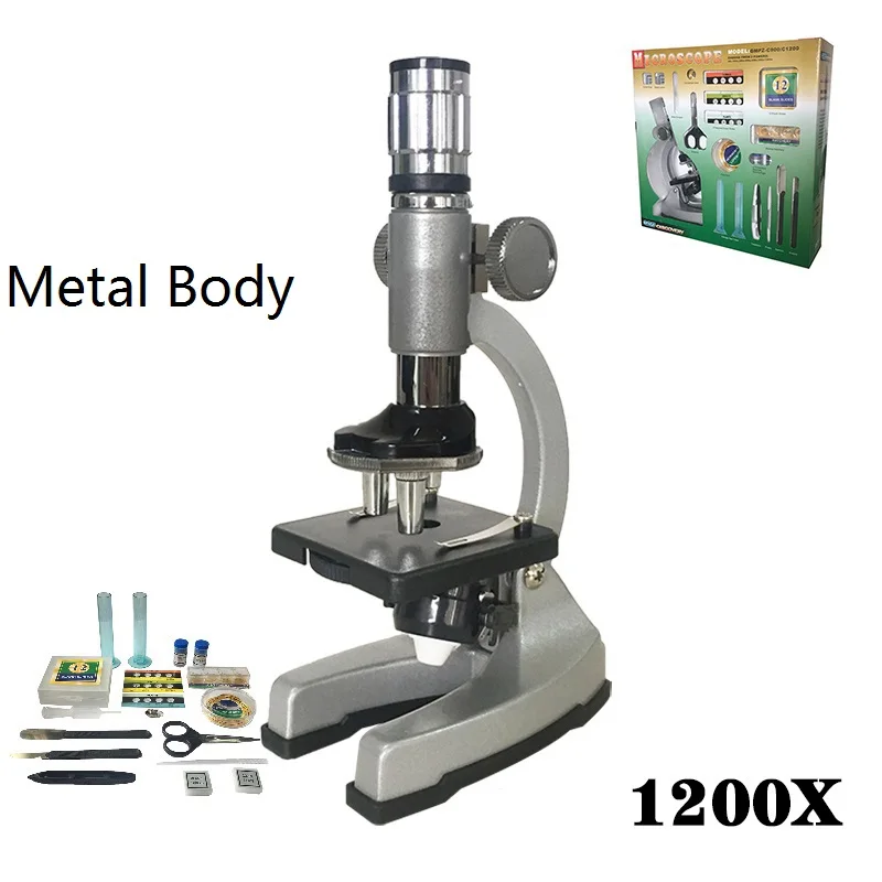 Подарочный микроскоп с подсветкой, увеличение 1200Х, монокулярный биологический микроскоп для новичков, учебный био-микроскоп для детей, студентов - Цвет: Metal Body