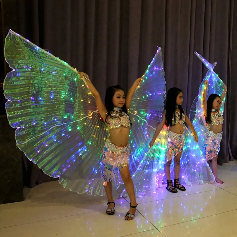 Детские Светодиодные Крылья Isis, белые радужные Детские СВЕТОДИОДНЫЕ блестящие крылья, аксессуары для танца живота, танцевальные крылья для девочек с палкой