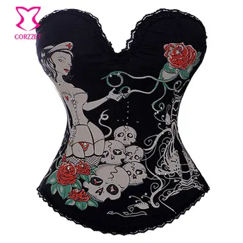 

Sexy Women Rose & Skull Printed Overbust Espartilhos Corset Corselet Burlesque Costume Cosplay Doctor/ Nurse Bustier Crop Top