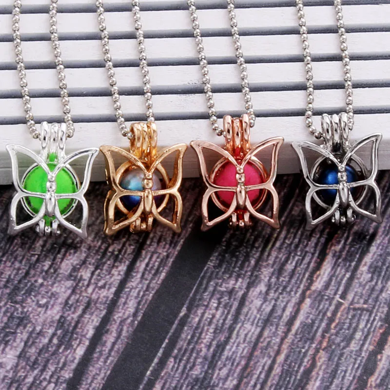 

4Color butterfly Pendants Pearl Cage Necklace Locket Vintage Aromatherapy Essential Oil Diffuser Chain Locket For Girl Charm