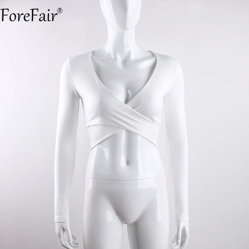 ForeFair тренд крест сексуальный укороченный Топ для женщин обертывание тонкие Топы Черный Белый Осень Зима футболка с длинным рукавом для женщин - Цвет: white