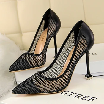 

BIGTREE high heels sexy air mesh chaussure femme talon stiletto zapatos de mujer verano 2019 shallow pointed toe schoenen vrouw