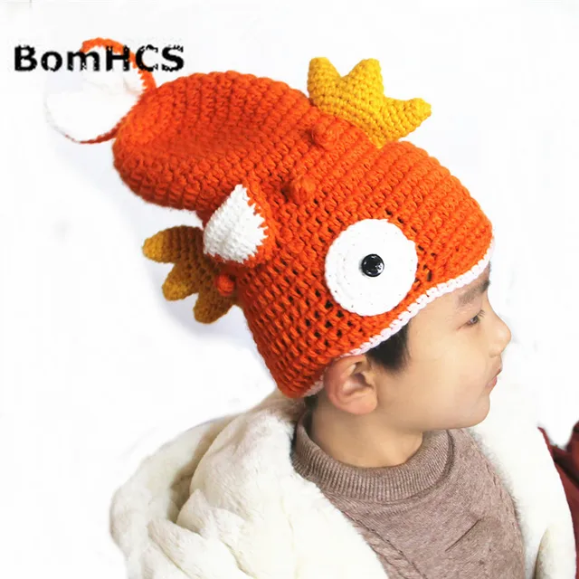 BomHCS “The Goldfish Is on Your Head” Funny Winter Crochet Beanie Animal Fish Cool Handmade Hat for Kids Age 3-10