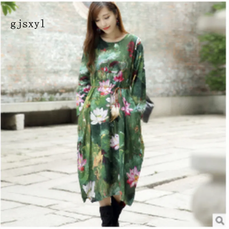 

National wind women's 2017 autumn new open lotus leaf printing pregnant women long skirt loose long-sleeved cotton dress women