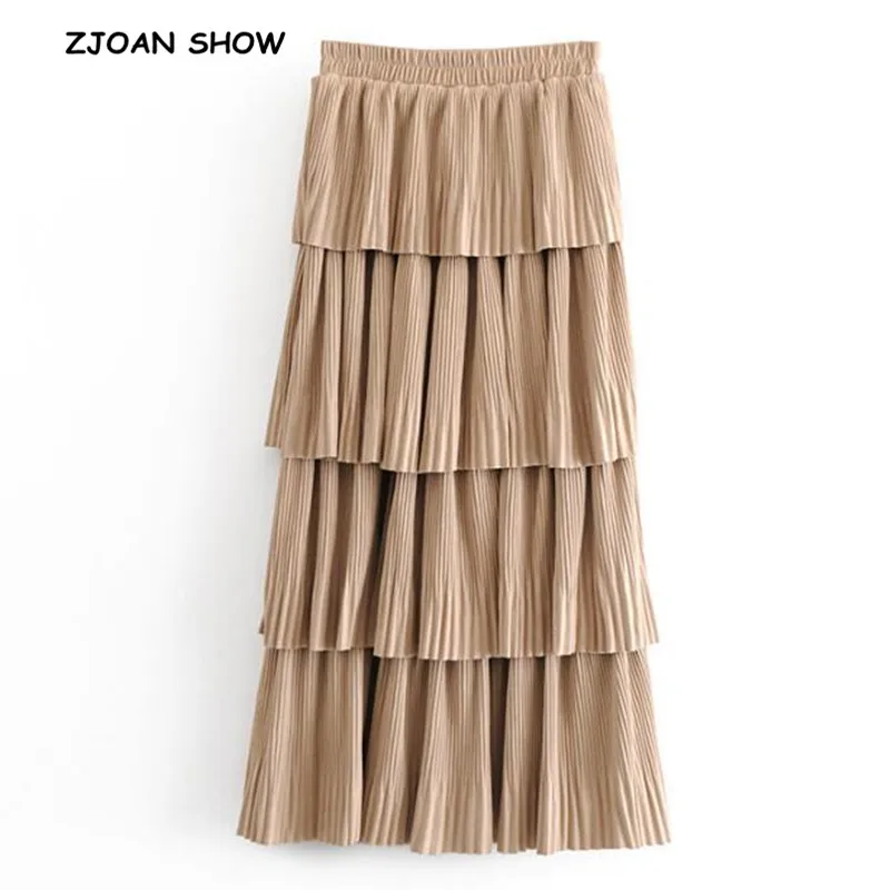 

2019 New Spring Summer Vintage Hepburn Women Cascading Ruffles Faux Suede Pleated Skirt Mid Long Mid-Claf Swing Skirts Femme