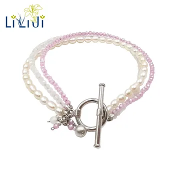 

LiiJi Unique Tiny Moonstone,Pink Zircon,Freshwater Pearl 925 Sterling Silver OT Clasp Shining 3 Rows Bracelet For Women Girls