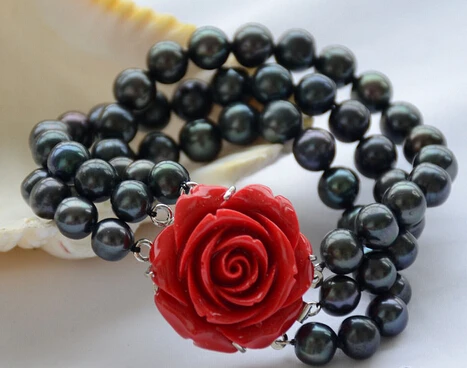 

shitou 00783 3row 8" 9-10mm black round freshwater pearl bracelet