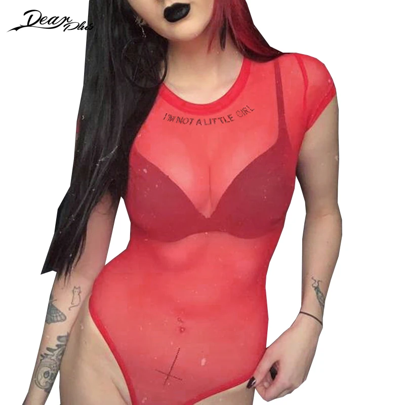 

Red Mesh Transparent Sexy Bodysuits Women Short Sleeve Skinny Slim Fit Bodysuits Plain Round Neck Summer Bodysuit Rompers