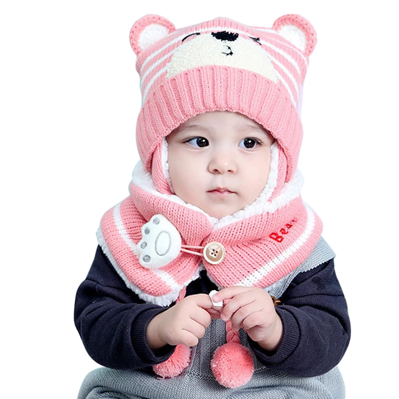 Loozykit 2 pcs Warm Hat Suit Baby Boy Girls Thermal Knitted Cartoon Bear Hat Scarf Toddler Winter Fleece Cap Set