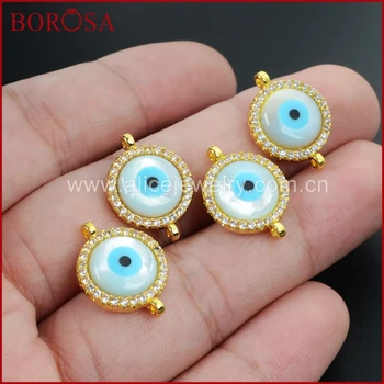 

BOROSA 14mm Gold Edge White Shell Round Zirconia Evil Eye Connector for Bracelet Double Charm Drusy Fashion Jewelry WX024
