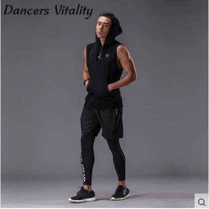 

2017 Jogging Men's Basketball Running Fitness Fitness Clothes Three-Piece Sets Of Bracelet Vest Gym Tight Training Clothes