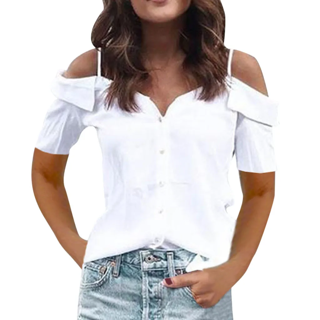 

Blouse Women White Summer Cold Shoulder Short Sleeve Shirt Casual Tunic Tops Botton elegant office ladies blouses blusas mujer