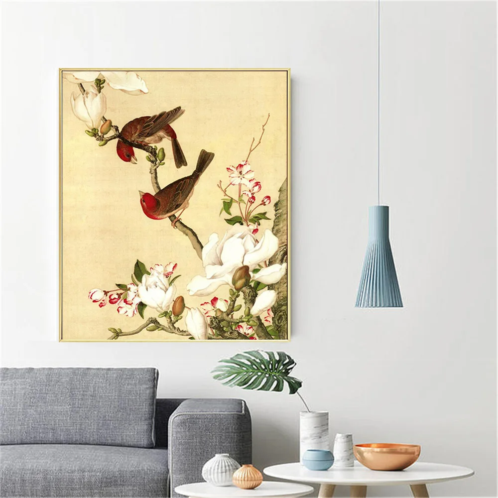 Винтажный декор с пейзажем китайский цветок и птица холст с живописным пейзажем печать Настенная картина для домашнего декора без рамы