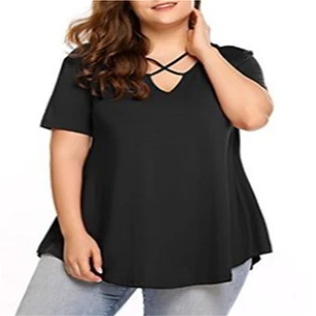 

Plus Size 4XL Fashion Women Clothing Basic Front Cross Loose Tops Short Sleeve V-Neck 3 Solid Colors Big Size Blouse