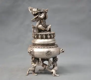

8" China Silver Bronze Incense Burner Censer Buddhism Mahakala Buddha Statue