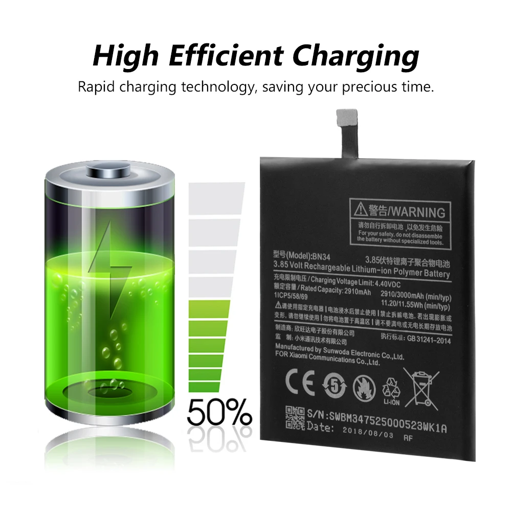 

2019 Original YCDC Phone For Xiaomi Redmi 5A 3.85V 3000mAh Mobile Replacement Cell Rechargeable Battery BN34 BN 34 BN-34