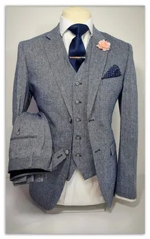 Ceny 2017 Najnowsze Wzory Płaszcz Pant Szary Tweed Oficjalny Garnitur Męski Skinny Blazer Masculino Niestandardowy Stylowy Mężczyźni Tuxedo 3 Sztuka Terno H65