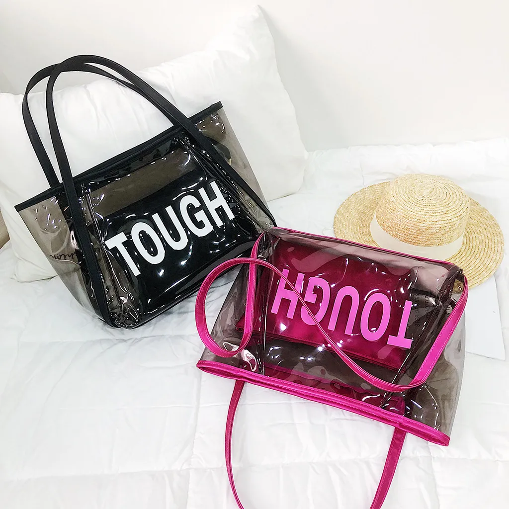 

Women Transparent Jelly Bag Tote Summer Letter Big Bag Handbag Portable Solid Zipper Simple Style Hot Sale high quality %40