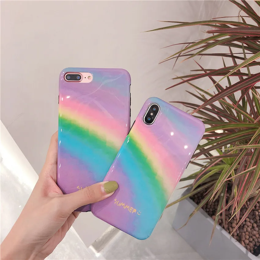 

Rainbow glossy imd phone case for iPhoneX Korea ins wind simple bronzing streamer phone case for iPhone7 8 6 6S back cover