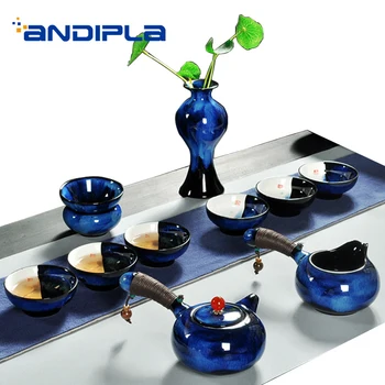 

Dehua County Hand Painted Blue Kiln Ceramic Porcelain 6 Teacup Fair Cup Teapot Vase Filter Kit Home Kung Fu Tea Set for Art Gift