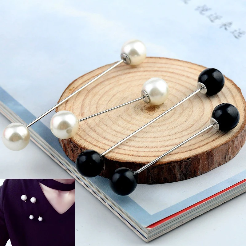 

Black White Double Simulated Pearl Brooch Pins for Women Stick Scarf Lapel Pin Sweater Jewelry Fashion Clothing Accessories