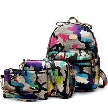 Camuflaje Mochila Bolsa Mochilas escolares Para Las Niñas de Tres Piezas Conjunto Compuesto de Cuero de Las Mujeres de Impresión Mochilas de Viaje Mochila Escolar